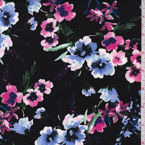 Black/Pink/Periwinkle Pansy Double Brushed Jersey Knit