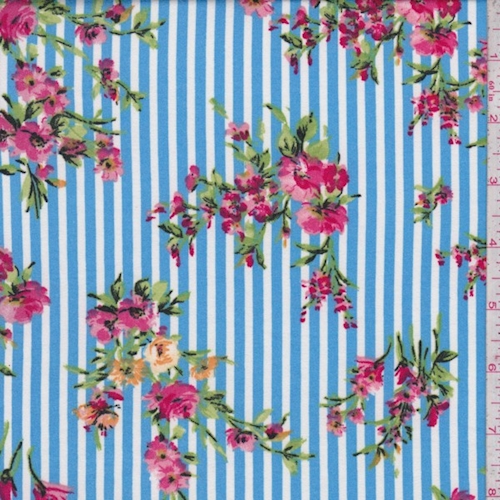 Bright Blue Stripe Floral Double Brushed Jersey Knit