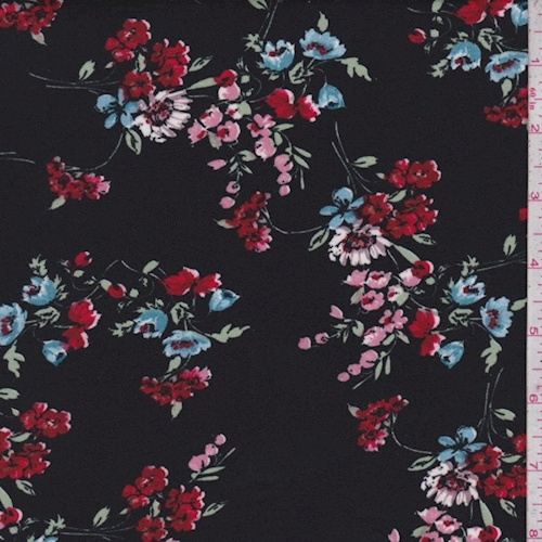 Black/Ruby/Pink Floral Cluster Double Brushed Jersey Knit