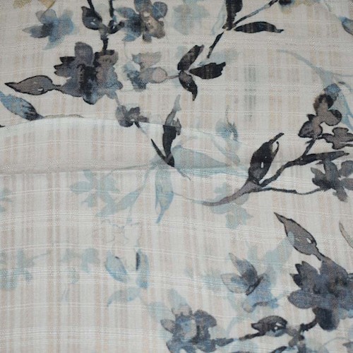 *4 1/2 YD PC -- Pearl White/Blue Multi Wild Flower Printed Plaid Semi-Sheer Sheer Woven DFWAP0001397