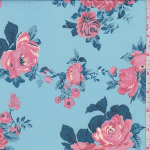 *1 YD PC--Powder Blue/Pink Rose ITY Knit