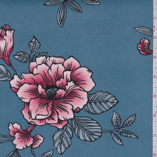 *2 1/2 YD PC--Colonial Blue Sketch Floral Double Brushed Jersey Knit