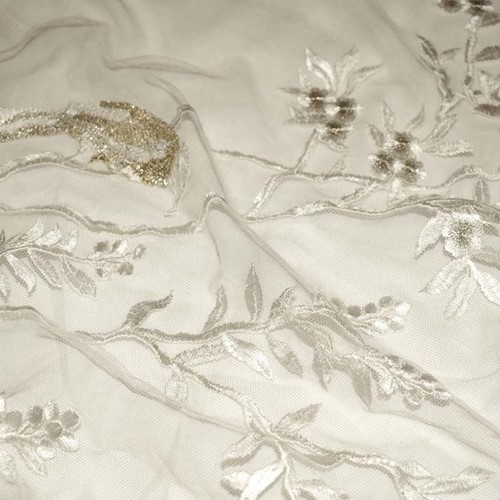 White/Silver Gold Famous Designer Leaf/Bird Embroidered Mesh APS0012