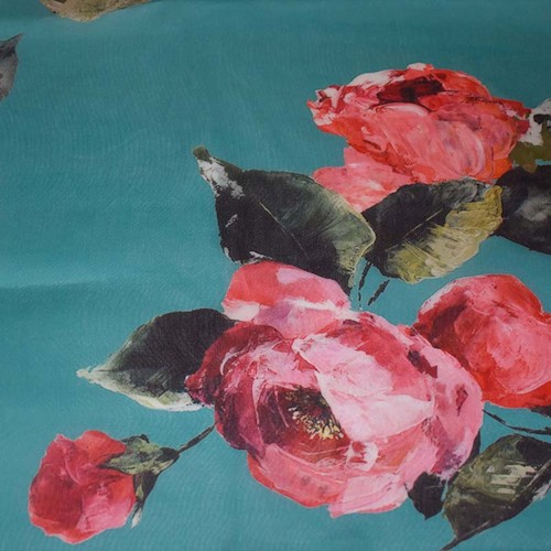 Teal/Multi Famous Designer Floral Printed Silk Blend Organza APS0022