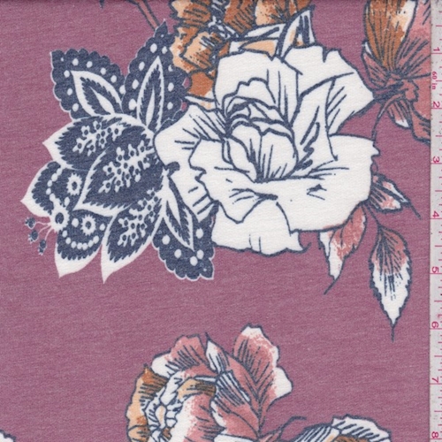 Dark Mauve/White Stylized Floral Double Brushed French Terry Knit