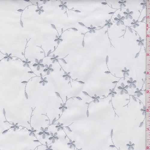 White/Silver Embroidered Floral Cotton