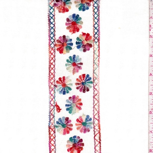 Cream Multi Embroidered Floral Stripe Linen