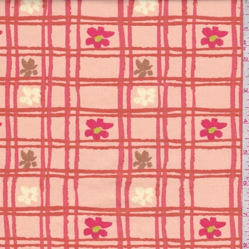 Pale Orange Floral Check Print Cotton