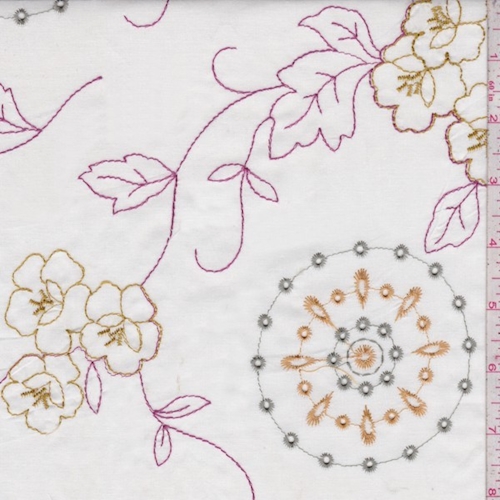 White/Yellow/Pink Embroidered Floral Cotton
