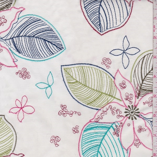 White/Turquoise/Lime Embroidered Floral Cotton
