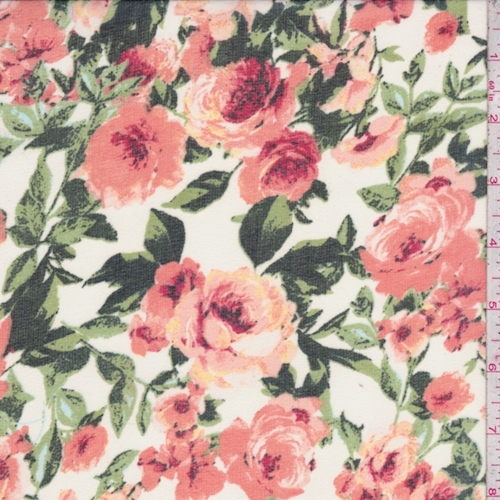White/Bright Coral Rose Garden Chiffon