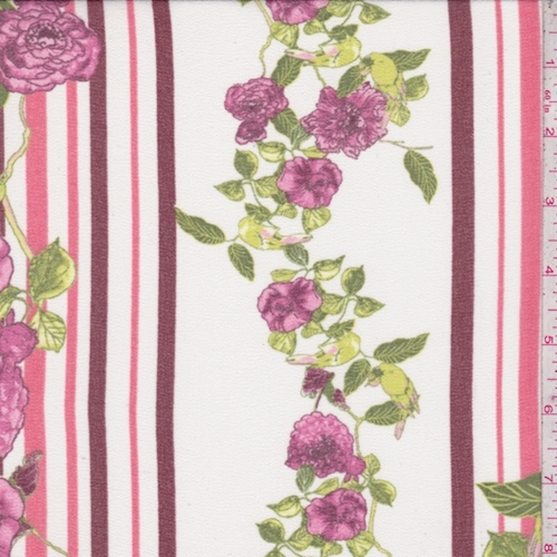 Ivory/Maroon/Pink Floral Stripe Chiffon