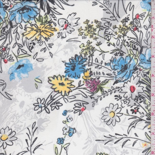 White Sketch Floral Bouquet Chiffon