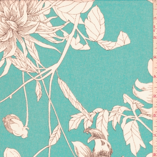 Teal Blue/White Sketch Floral Georgette