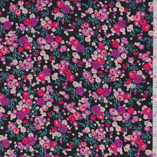 *3 YD PC--Black/Magenta Mini Rose Rayon Challis