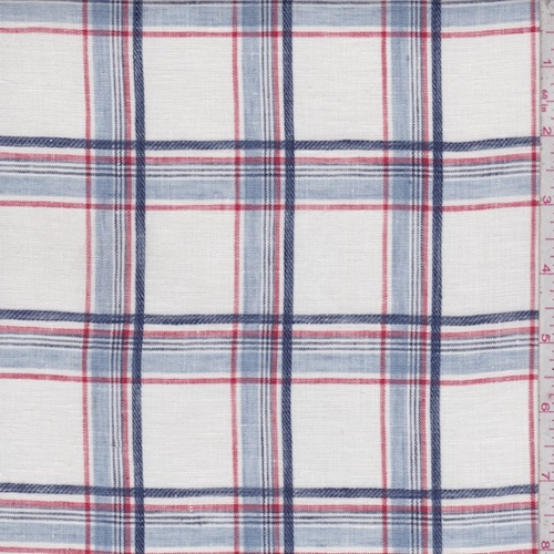 White/Blue/Brick Plaid Linen Blend