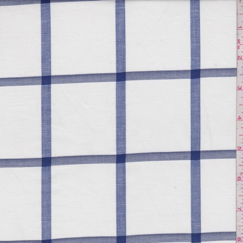 White/Ink Blue Windowpane Check Linen Look