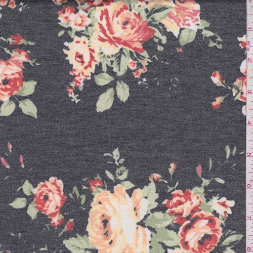 Heather Slate/Peach Rose Cluster Brushed French Terry Knit