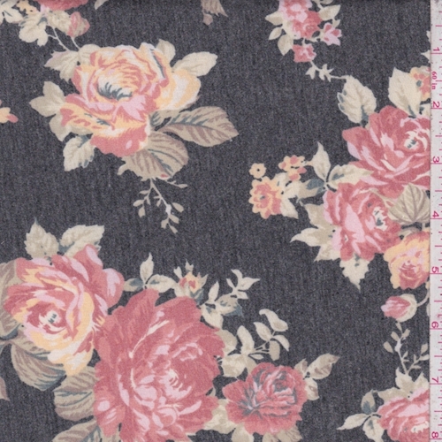 Heather Slate/Brick Rose Cluster Brushed French Terry Knit