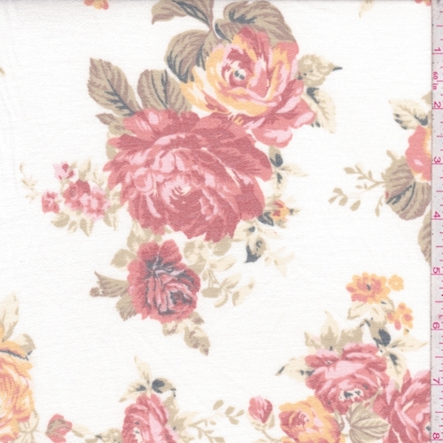 Ivory/Brick Rose Cluster Brushed French Terry Knit