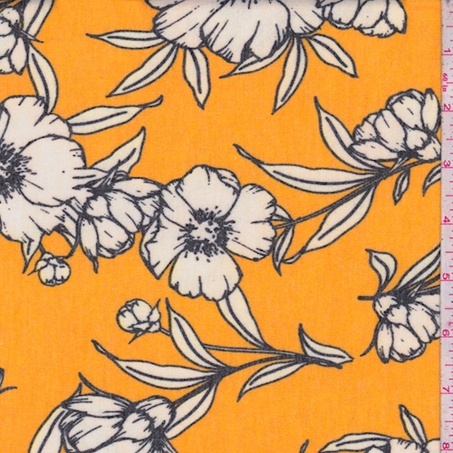 Orange Gold/White Sketch Floral Brushed French Terry Knit