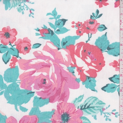 White/Aqua Green Peony Brushed French Terry Knit