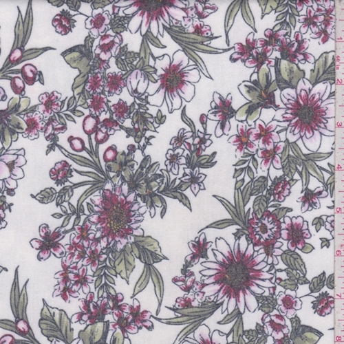 *1 YD PC--Ivory/Wine Floral Brushed French Terry Knit