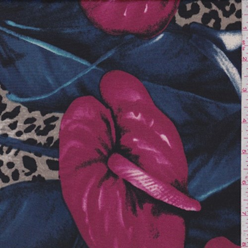 *2 YD PC--Navy/Magenta Jungle Floral Nylon Knit