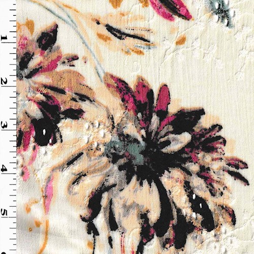 *3 1/2 YD PC--Vintage Ivory/Pink Multi Floral Printed Eyelet Embroidered Gauze DFWAP0001761