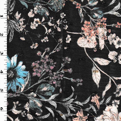 *6 YD PC--Black/Green Multi Watercolor Floral Metallic Clip Spot Chiffon DFWAP0001770
