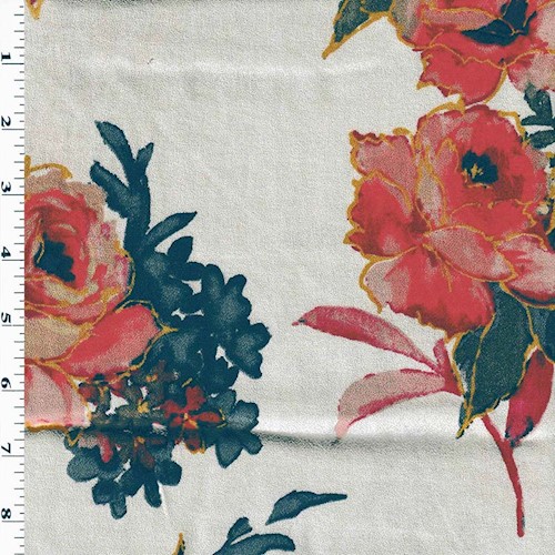 *2 5/8 YD PC--Gray/Brick Red/Blue Multi Floral Printed Momie Crepe DFWAP0001782