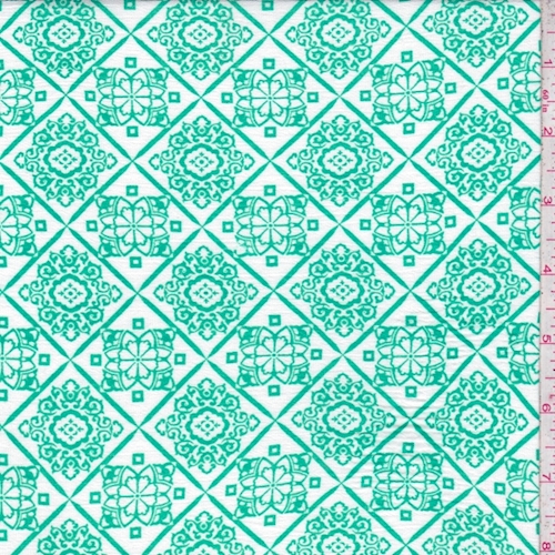 White/Spring Green Medallion Lattice Crinkled Gauze