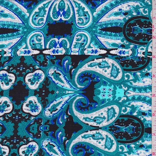 Black/Teal/White Paisley Stripe Crinkled Gauze