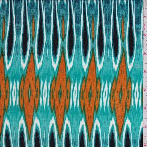 Aqua Green/Orange Flamestitch Diamond Crinkled Gauze