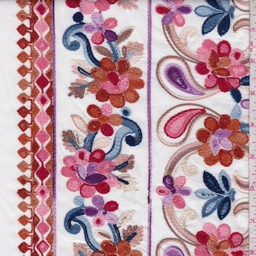 White/Orange Multi Embroidered Floral Rayon Challis