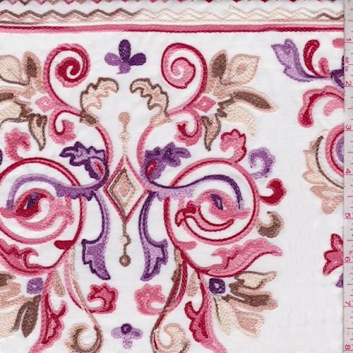 White/Red/Pink Embroidered Scroll Rayon Challis