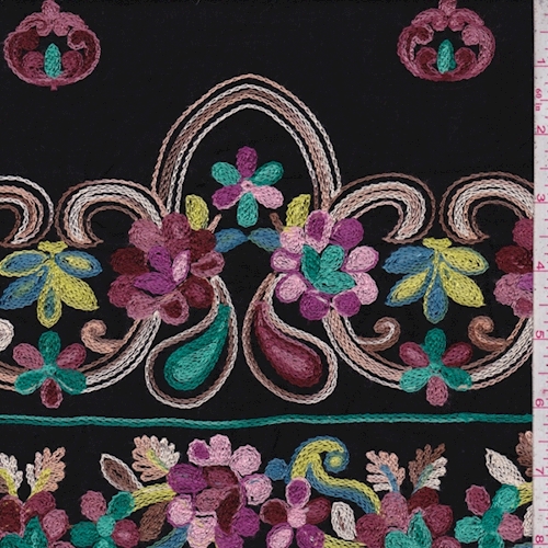 Black/Brick Multi Embroidered Floral Rayon Challis
