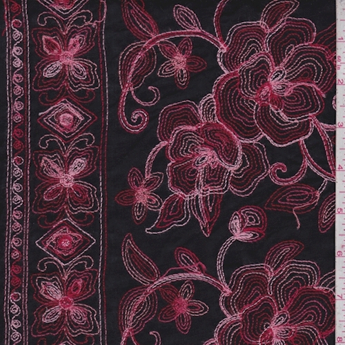 Black/Red/Pink Embroidered Floral Rayon Challis