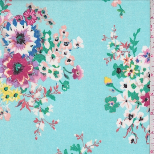 Bright Turquoise Multi Floral Bunch Georgette