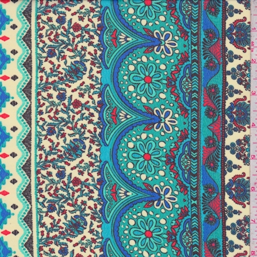 Buff Yellow/Teal Stylized Stripe Georgette