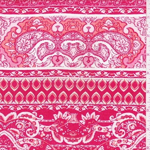 Red/Peach/White Paisley Stripe Rayon Challis