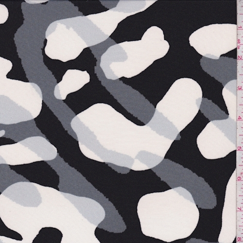 Black/White/Steel Abstract Camo Silk Crepe de Chine