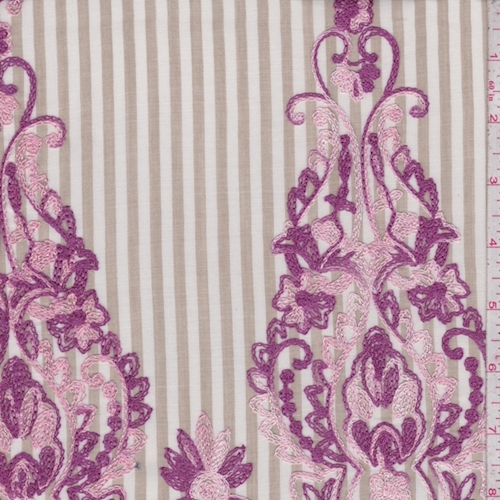 Tan/Pink Stripe Embroidered Floral Scroll Rayon Challis