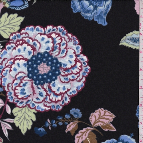 Black/Blue/Pink Stylized Floral Ponte Double Knit