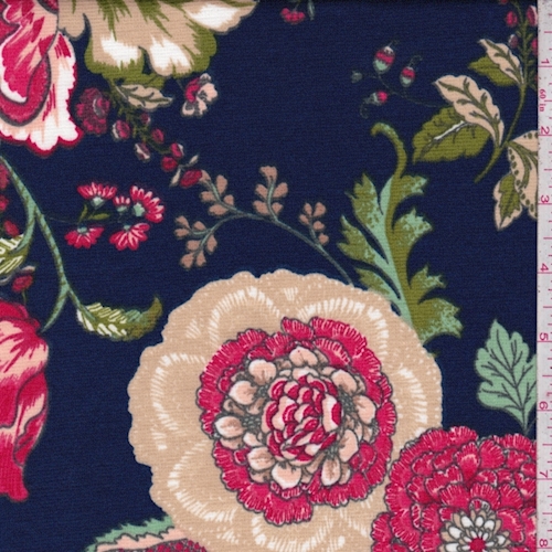 Navy/Berry Stylized Floral Ponte Double Knit