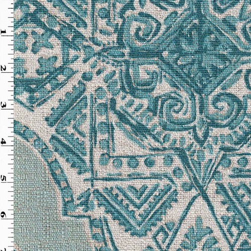 *5 YD PC--Aqua/Beige Multi Designer Crest Printed Textured Woven Home Decorating Fabric DFW2206-X