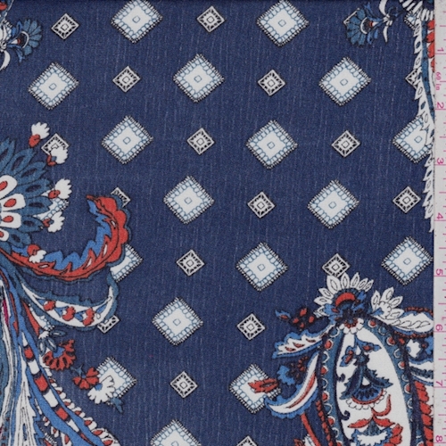 Navy/White/Orange Stylized Paisley Crepon