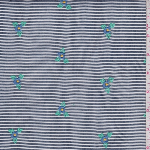 Black/White Stripe Embroidered Floral Rayon Challis