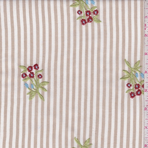 Tan/White Stripe Embroidered Floral Rayon Challis