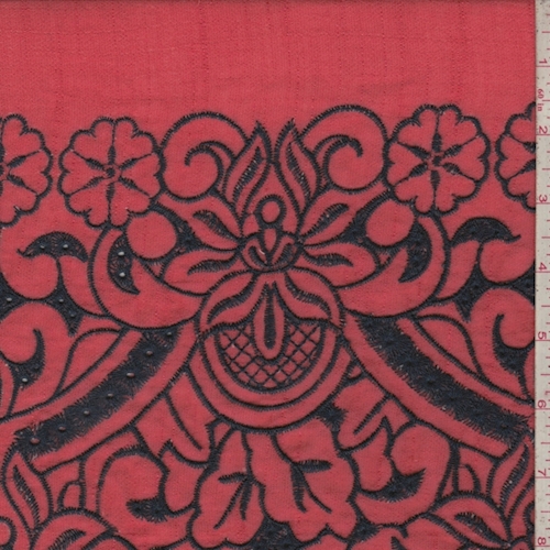 Bright Red/Navy Embroidered Floral Linen Look